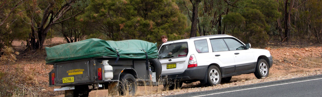 Fiona hiding behind the Subaru on our way to Hillston